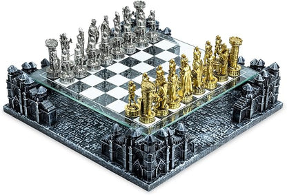 Renaissance Knight 3D Chess Set – Unique Chess Board Set - Durable Gold and Silver Metal Pieces - Tempered Glass Board and Polyresin Base
