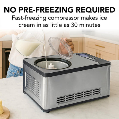 Whynter Ice Cream Maker Machine Automatic 2.1 Qt. with Built-In Compressor, LCD Digital Display & Timer, No Pre-Freezing, ICM-200LS, Stainless Steel