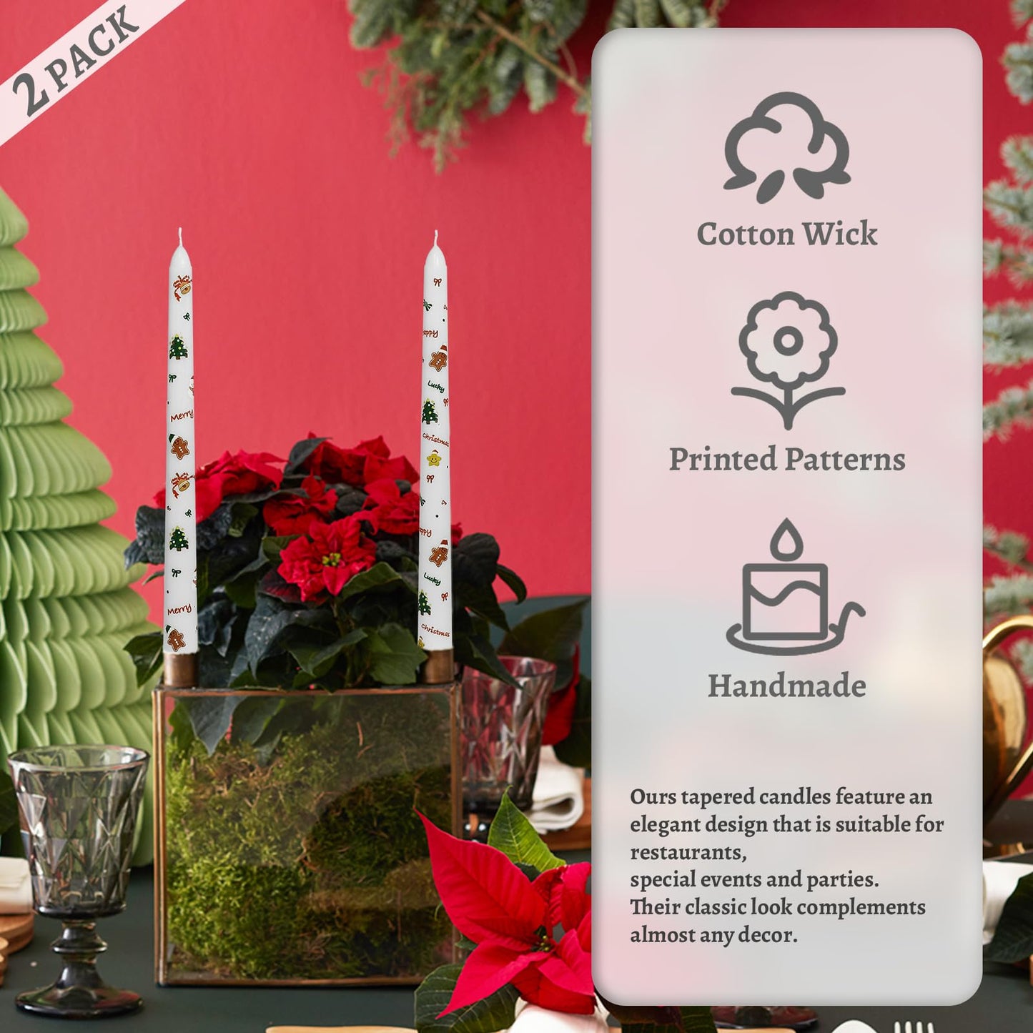 Floral Taper Candles 10 Inch Tall Unscented Handmade Christmas Trees & Gingerbread Man Print Long Burning Elegant Candlesticks for Christmas Decor Gifts