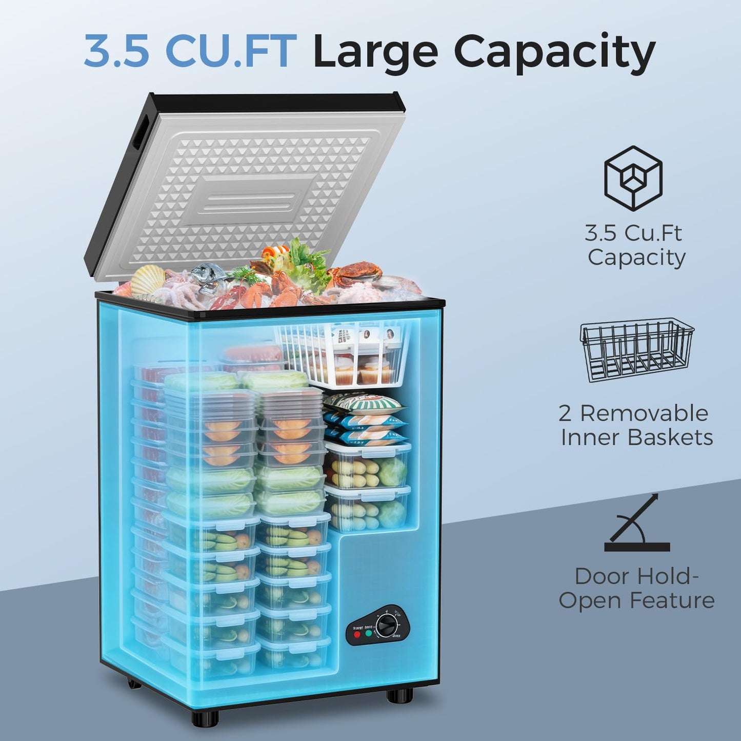 OSTBA 3.5 Cu.Ft Chest Freezer, Compact Deep Freezer with 2 Removable Baskets, Bottom Wheels, 6-Level Temperature Control with Fast Freeze Mode, Energy Saving Quiet Freezer, Black
