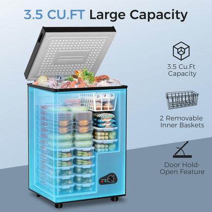 OSTBA 3.5 Cu.Ft Chest Freezer, Compact Deep Freezer with 2 Removable Baskets, Bottom Wheels, 6-Level Temperature Control with Fast Freeze Mode, Energy Saving Quiet Freezer, Black