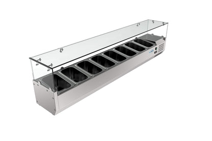 KoolMore SDC-8P-SG Condiment Prep Rail Station with Sneeze Guard, 71 Inch, Silver