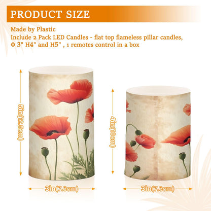 ALAZA Flickering Flameless Candles Red Poppy Flower Poppies Battery Operated Candles with Remote Timer LED Pillar Votive Candles Set of 2 for Holiday Decor
