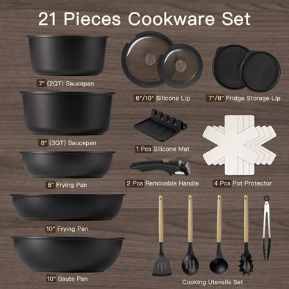 Astercook 21 Pcs Pots and Pans Set Non Stick, Ceramic Cookware Set Detachable Handle, RV Kitchen Cooking Set Removable Handles, Oven Safe, Induction Ready, Stackable, Black, Mothers Day Gifts