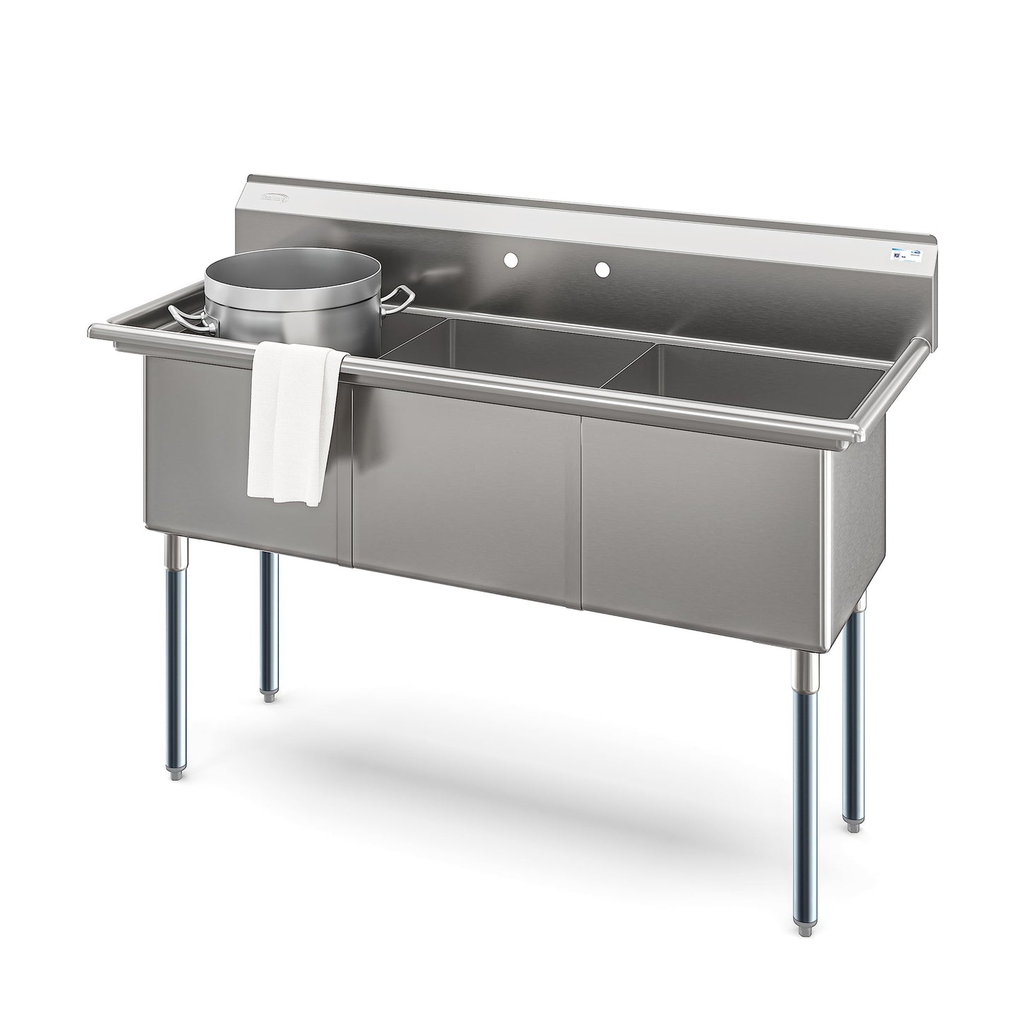 KoolMore 60 in. Three Compartment 18-Gauge Stainless-Steel NSF Commercial Kitchen Sink, Bowl Size 18x18x14, with Three Basins and Pre-Drilled Faucet Holes for Restaurants and Cafes (KM-SC181814-N3)
