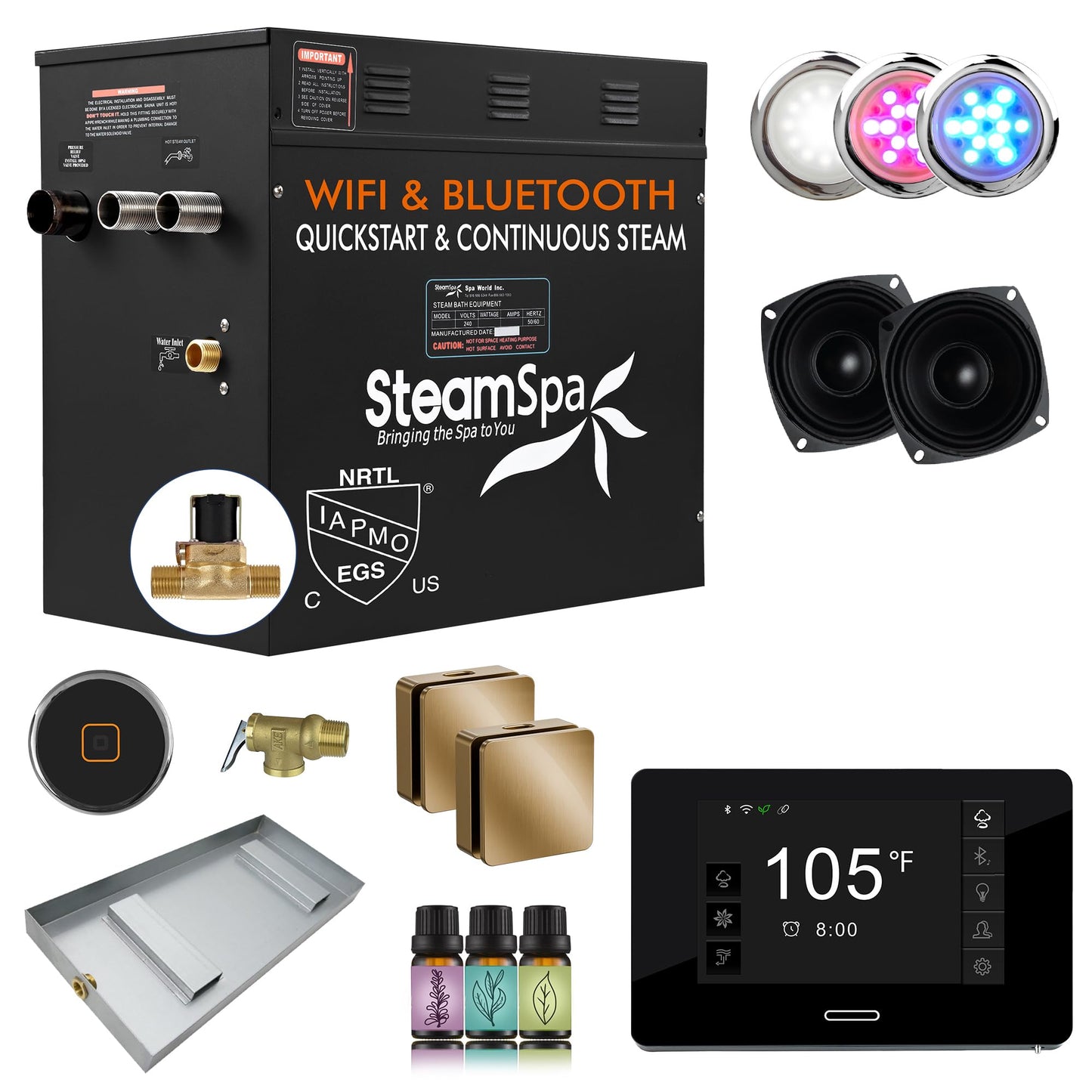 SteamSpa Steam System 12kW Steam Shower Generator with Bluetooth Wifi, Quickstart Continous Steam, Advanced Touch Pad Screen, Chroma Lights, Drain Pan and Auto Drain Gold RVBS1200GD-A