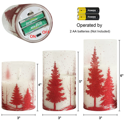 DRomance Christmas Tree Glass Flameless Candles with Remote Timer Battery Operated Real Wax 3D Wick LED Flickering Pillar Candles Christmas Holiday Decor(Red, 3 x 4,5,6 Inch)