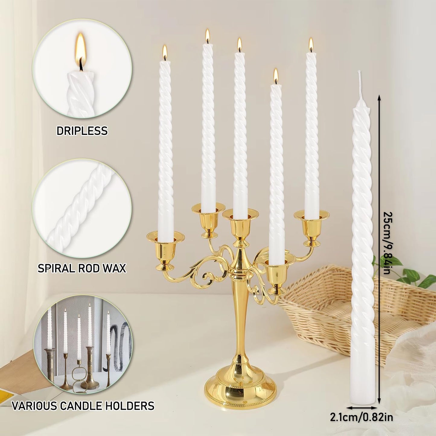 WPONSZU 10 Inch White Spiral Taper Candle Set of 12 Pack Unscented Dripless Candlesticks for Valentine's Day,Dinner,Party,Brithday,Wedding,Christmas,and Home Decoration