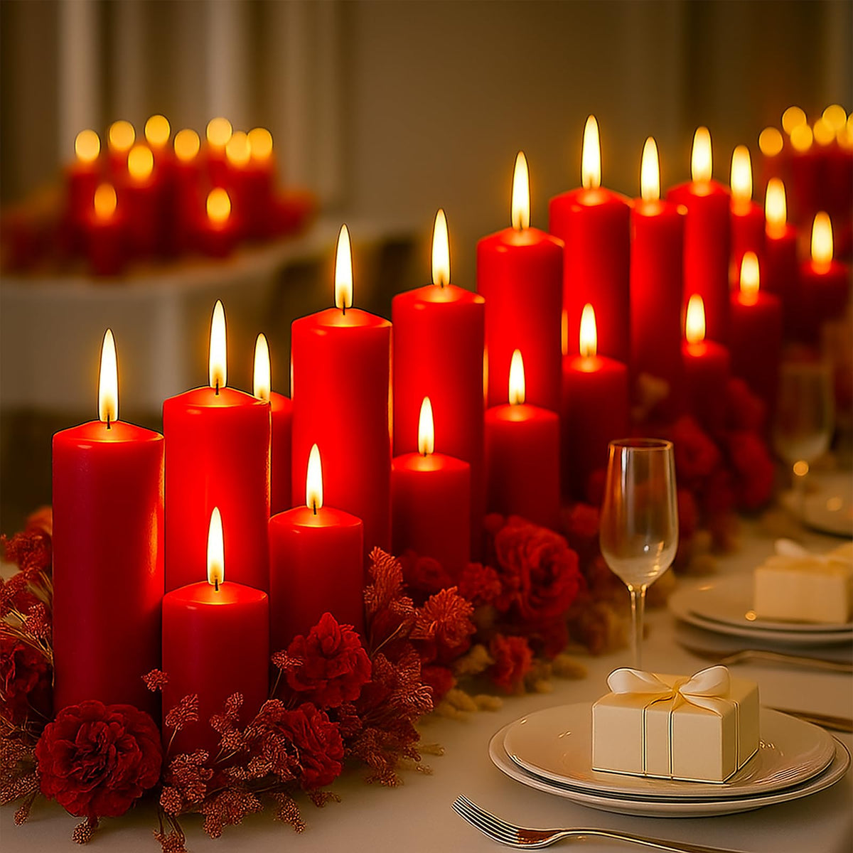 Veiuwa 36 Pcs Red Pillar Candles Bulk Set，Hurricane Candles，3 Different Lengths (12 Each)，Dripless Unscented Smokeless，Gives You a Better Atmosphere When Organizing Wedding or Event Party.