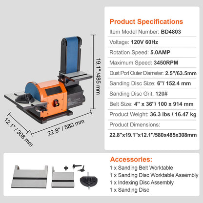 VEVOR 8" Disc Sander and 4"x 36" Professional Belt Sander,Belt Sander with 5A Induction Motor Cast Aluminum Worktable for Woodworking