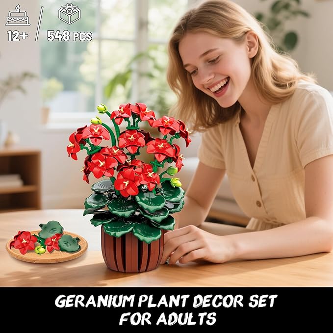 Flowers Geranium Botanicals Building Set - Artificial Bonsai Plants for Home Office Decor Display 548PCS Geranium Flowers Pot Building Blocks for Adults Women Age 12+ Gift for Easter