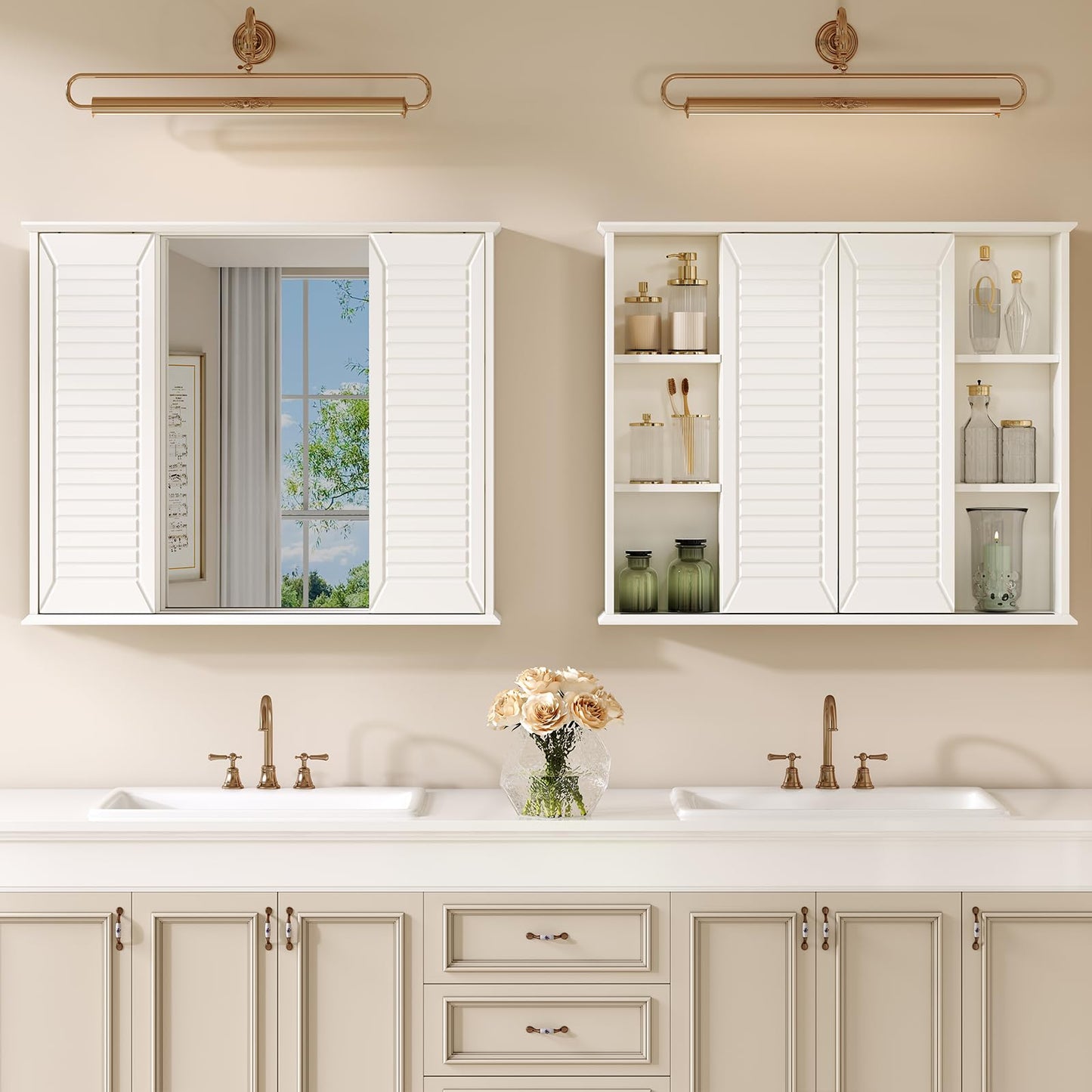 FFBCFDK Bathroom Medicine Cabinet Mirror 28.3 x 23.8 inch Bathroom Mirror with Storage Wall Mounted Medicine Mirror Cabinet Wood Organizer with 2 Door Surface Mount Farmhouse Storage Cabinet