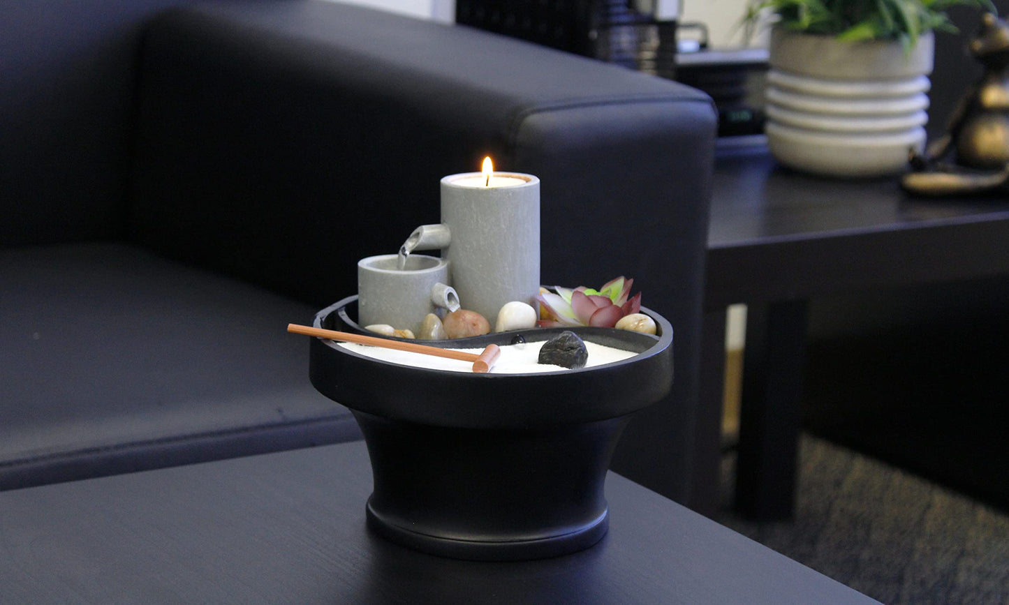 Nature’s Mark Relaxation Indoor Tabletop Water Fountain Zen Garden Combo Décor with Tealight Candle Holder, Succulents, and Accessories (6”H x 7”D) (Candle Not Included)