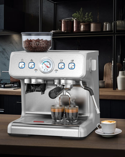 COWSAR Espresso Machine with Grinder, 2025 Upgraded Espresso Machine 15 Bar, Expresso Machine with Milk Frother Steam Wand, 75 Oz Removable Water Tank for Cappuccino, Latte, Stainless Steel