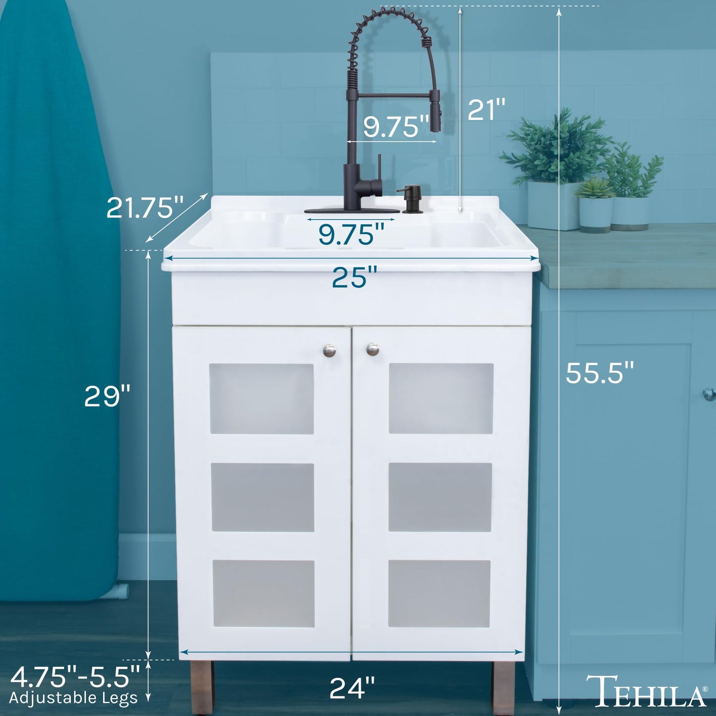 White Utility Sink in White Vanity, Matte Black Pull-Down Coil Faucet, Soap Dispenser and Spacious Cabinet by JS Jackson Supplies for Garage, Basement, Shop and Laundry Room