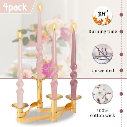 BALEAGCDL Gradient Pink Smokeless Candles Handmade Twisted Taper Candle 9.5 Inch Unscented Spiral Candlesticks for Dinner Holiday Wedding Home Decor 4 PCS