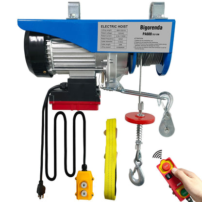 Bigorenda 1320lb Electric Hoist with Remote Control/Wired Control, Electric Hoist 2 in 1, 110v Electric Hoist with Single/Double Slings,65.6/33ft Lifting Height, for Factory Attic Garage Warehouse
