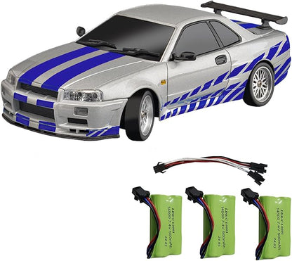 Skymaker LDRC Drift Car Nissan Skyline GTR R34 1/18 RWD High Speed Drifting RC Model Drift Cars 2.4GHz with Gyroscope 3 Batteries (Silver)