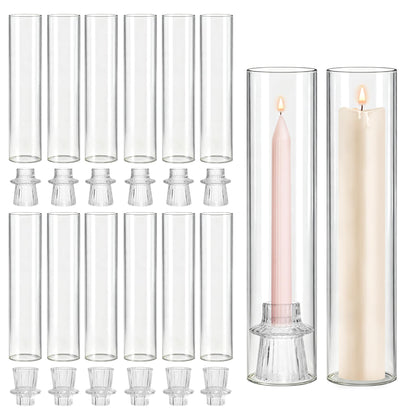 12 Set Glass Hurricane Candle Holders - 12" Tall Clear Glass Candlestick Holders for Taper Candles with Cylinder Chimney for Wedding, Party, and Home Table Centerpiece Decoration