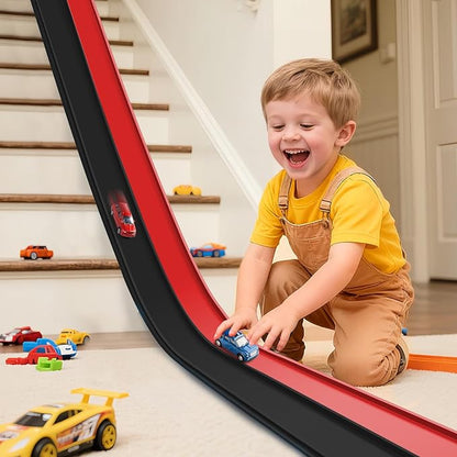 Flexible Race Track 15 Ft Starter Set Flex Tracks for Kids 3+ with Strong Suction Cups Flexible Car Race Ramp Track Compatible with Hot Wheels and Diecast 1/64 Cars Portable Rolls Up Race Tracks