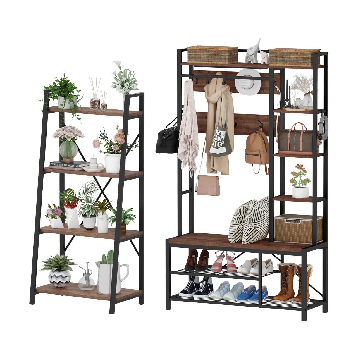 BON AUGURE Hall Tree with Shoe Storage, 5-in-1 Reversible Entryway Bench with 4 Tier Rustic Ladder Bookshelf, Standing Leaning Book Shelves for Living Room (Rustic Oak)