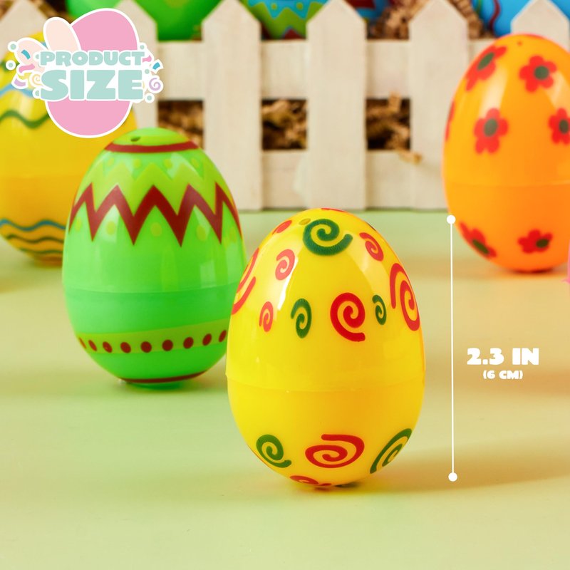 JOYIN 36PCS 2.3" Printed Empty Plastic Eggs Fillable, Bright Colorful Plastic Eggs Bulks for Festival Hunt, Filling Treats, Party Favor, Basket Stuffers, Classroom Prize Supplies