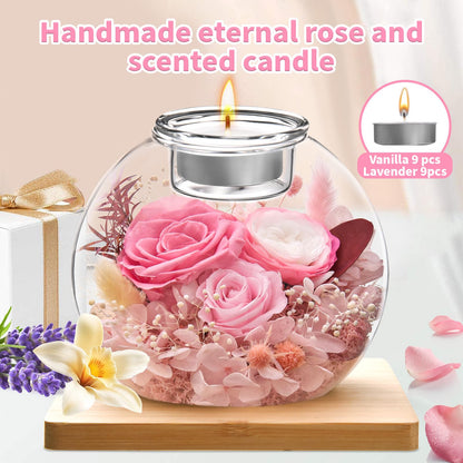 Preserved Flowers in Glass Dome with Candle Holder, Real Roses Eternal Flower Arrangement, Scented Candle Gift Set with 18 Candles for Women Mom Wife Birthday Mother's Day Valentine's Day (Pink)