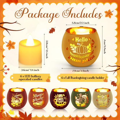 VIHOSE 6 Set Thanksgiving Votive Candle Holders with 6 LED Battery Operated Candles Fall Glass Tealight Holders Fall Table Decorations for Home Table Centerpiece Decor Gifts
