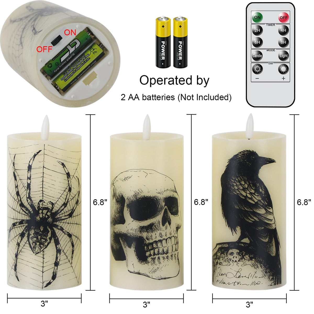 Lasumora Halloween Decorations Flameless Candles with Remote Timer - Skull, Spider Web, Crow Raven Decals Set of 3, Battery Operated Halloween Decor Indoor LED Candle Horror Gothic Punk Real Wax