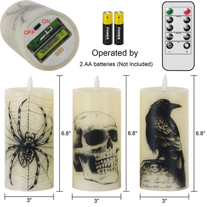 Lasumora Halloween Decorations Flameless Candles with Remote Timer - Skull, Spider Web, Crow Raven Decals Set of 3, Battery Operated Halloween Decor Indoor LED Candle Horror Gothic Punk Real Wax