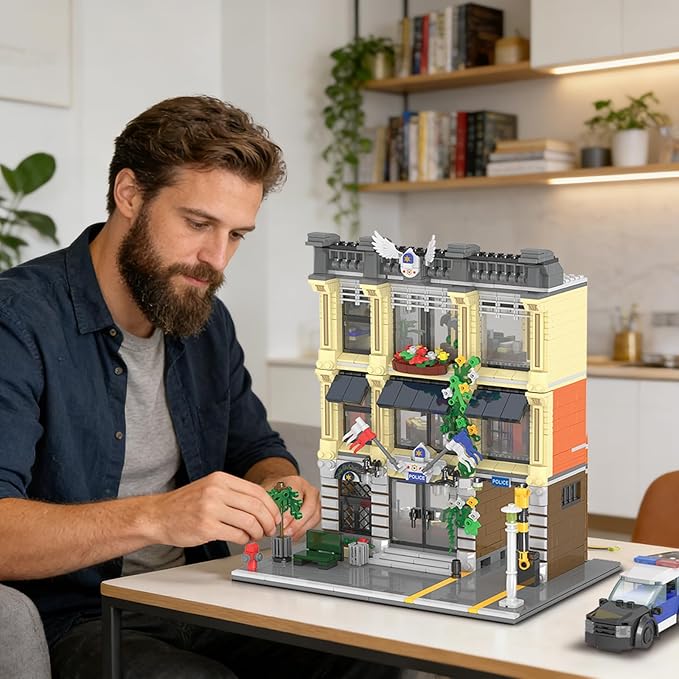 City Police Station Building Set Compatible with Lego Retro Modular 3-Story Architecture with LED Lights Realistic Street Scene Display for Adults &amp Teens (1445 Pieces)