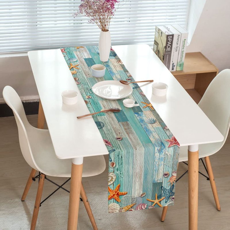 Beach Table Runner, Summer Ocean Beach Seashell Starfish Table Runner for Kitchen, Coastal Nautical Linen Non-Slip Dining Table Runners for Family Dinner/Wedding/Outdoor Indoor Party