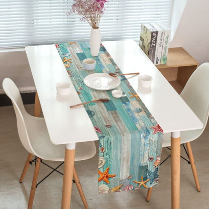 Beach Table Runner, Summer Ocean Beach Seashell Starfish Table Runner for Kitchen, Coastal Nautical Linen Non-Slip Dining Table Runners for Family Dinner/Wedding/Outdoor Indoor Party