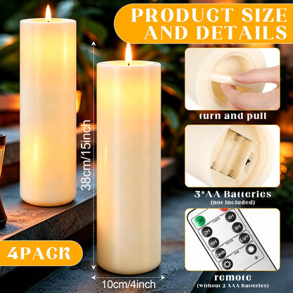 Gerrii 4 Pack 15" x 4" Large Outdoor Flameless Candle LED Waterproof Battery Operated Candle with Timer Remote Control Electric Flickering Flameless Tall Pillar for Patio Porch Lantern Indoor Decor