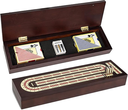 Cribbage Board Game Set Premium Wooden Board with Magnetic Lock and Metal Pegs 2 Playing Cards and Large Storage - Travel-Friendly Continuous 3 Track Board