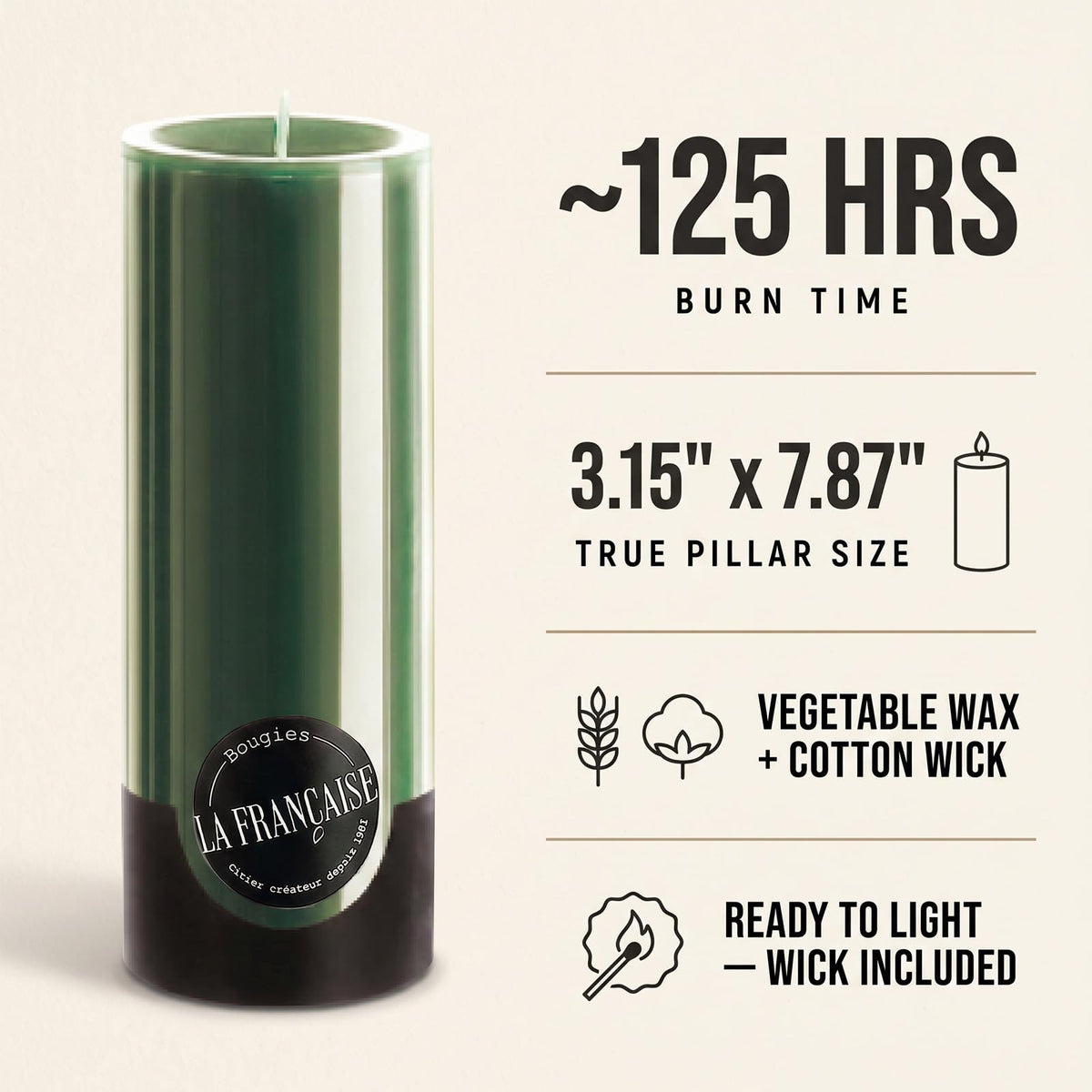 Bougies La Française Unscented Pillar Candle, Green, Made in Tunisia, Ready-to-Light Cotton Wick Included, Vegetable Wax Decorative Candle, 3.15" Diameter × 7.87" Tall, Approx. 125-Hour Burn Time