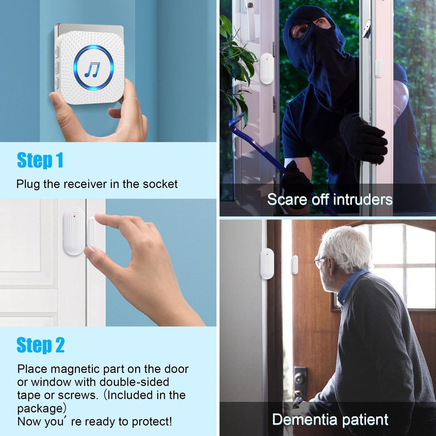 Door Chime,SanJie Wireless Door Sensor Chime When Door Opens,Door Entry Alarm Chime for Business/Home/Kids,500 FT Range,26 Chimes 5 Adjustable Volume Door Ringer Alert 2 Sensors + 1 Receivers