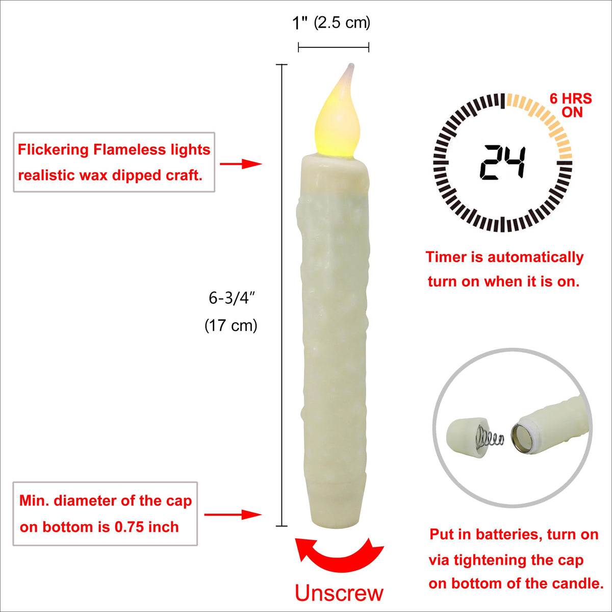 CVHOMEDECO. Real Wax Hand Dipped Battery Operated LED Timer Taper Candles Rustic Primitive Flameless Lights Décor, 6-3/4 Inch, Ivory, 6 PCS in a Package