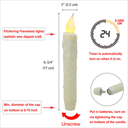 CVHOMEDECO. Real Wax Hand Dipped Battery Operated LED Timer Taper Candles Rustic Primitive Flameless Lights Décor, 6-3/4 Inch, Ivory, 6 PCS in a Package
