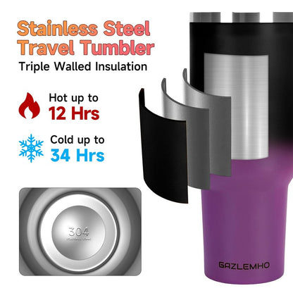 40oz Tumbler with Handle and Straw Spout 2-in-1 Lid, Spill Leak Proof Insulated Travel Cup Traveler Water Mug Keep Cold Hot, Dishwasher Safe Stainless Steel Bottle Gifts for Women Men, Black Purple