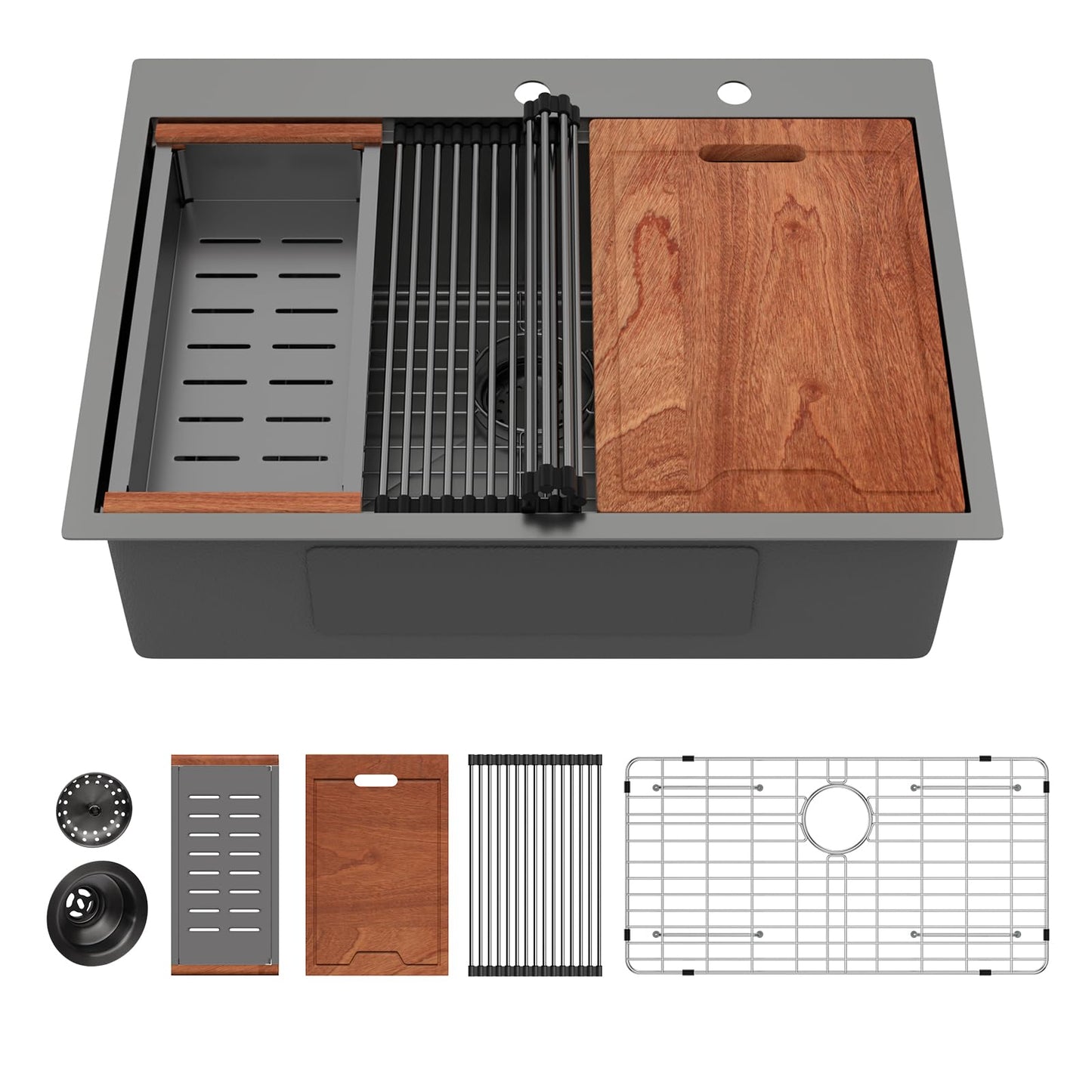 Lordear 30 Inch Black Kitchen Sink Single Bowl Workstation Sinks 16 Gauge All In One 30x22 Kitchen Sinks Stainless Steel Gunmetal Black Sink 30"