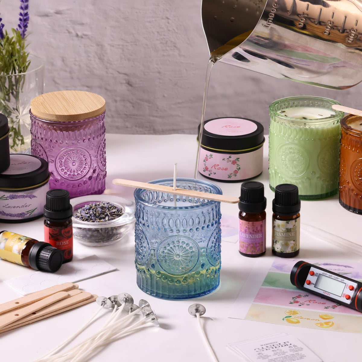 DARJEN Candle Making Kits - Soy Candles Making Supplies for Adults Including 4 Candle Jars(Amber, Purple, Blue, Green), Candle Tins, Wax, Scents, Dried Flower & More, DIY Arts & Crafts Kits Home Decor