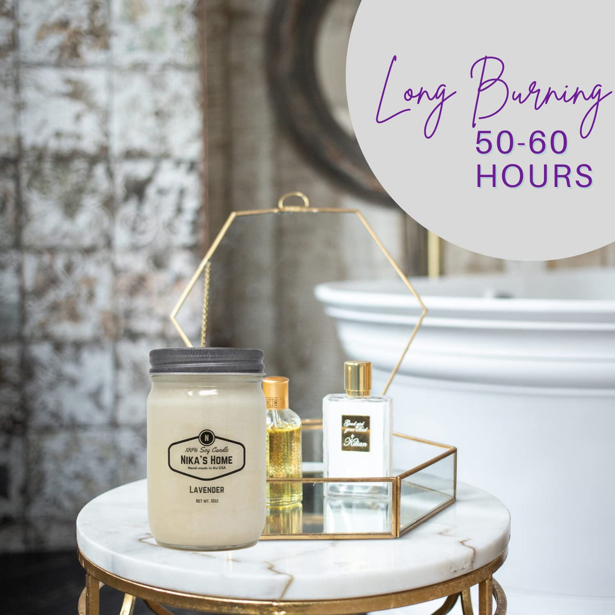 Nika's Home Lavender Soy Candle - 12oz Mason Jar - Non-Toxic - Hand Poured in The USA, Long Burning 50-60 Hours Highly Scented All Natural, Clean Burning