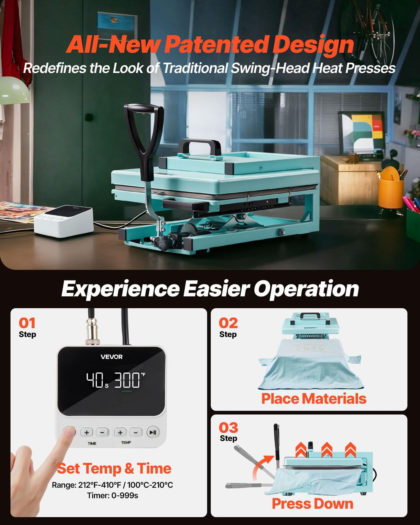 VEVOR Hybrid Heat Press, 15 x 15 inch, 8-in-1 Multifunction, Heat Up Fast and Even, All-New Patented Design, Easy to Control, Sublimation Press Machine for T-Shirts/Tumblers/Caps/Plates, Light Green