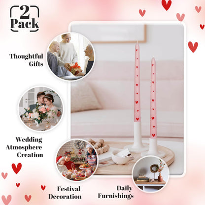 Taper Candles 10 Inch Print Candle Handmade Unscented Red Heart Long Candles 2 Pack Twisted Candlesticks for Wedding Home Decoration Gifts