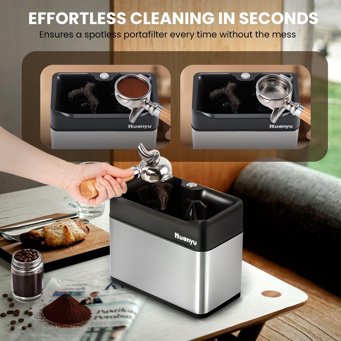 Huanyu Electric Coffee Bean Grinder 250G Automatic Burr Grinder Green and Huanyu Electric Espresso Portafilter Cleaner with Dual Brush Heads and Three Scrapers Bundle