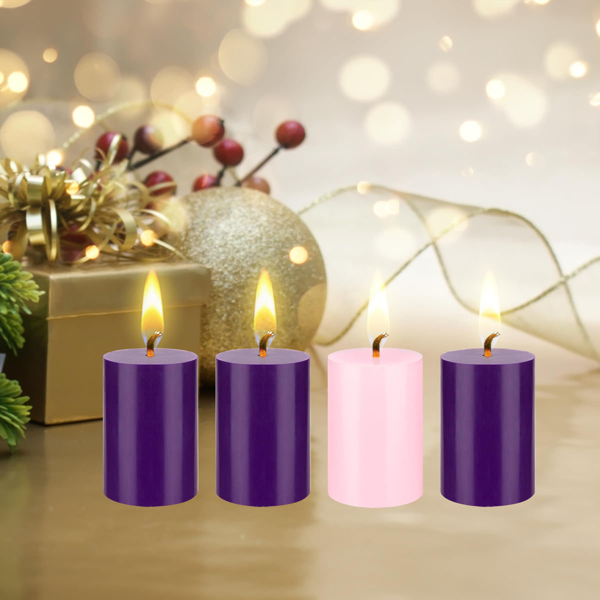 Mega Candles 4 pcs Unscented Christmas Advent Candles Set, Hand Poured Premium Wax Round Pillar Candle 2 Inch x 3 Inch, Holidays, Occasions, Events, Festivitiess, Devotional, Church, Wreath, Gifts