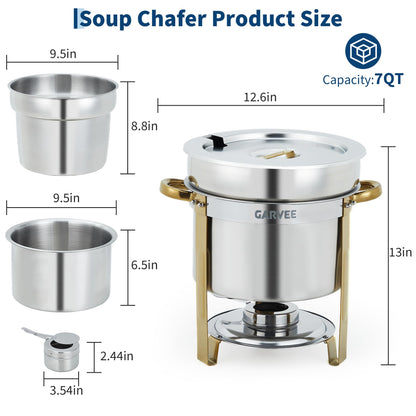 GarveeHome 7QT Round Soup Chafer Sets of 4, Commercial Soup Warmer with Pot, Notched Lids & Fuel Holders, Stainless Steel Food Warmer for Buffets Parties Wedding Banquets Catering, Gold