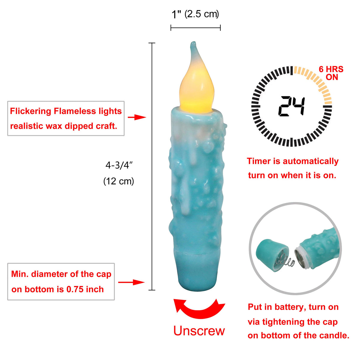 CVHOMEDECO. Real Wax Hand Dipped Battery Operated LED Timer Taper Candles Rustic Primitive Flameless Lights Decor, 4-3/4 Inch, Teal, 3 PCS in a Package