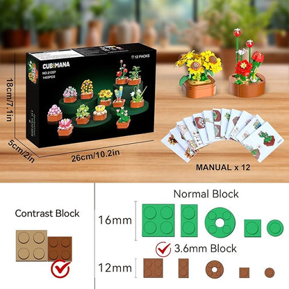 12 Pack Flowers Succulents Mini Building Set - 1403PCS Flower Botanical Collection for Home Office Décor 3.6MM Plant Blocks Toy Easter Birthday Gifts for Adults Women Kids Girls10+